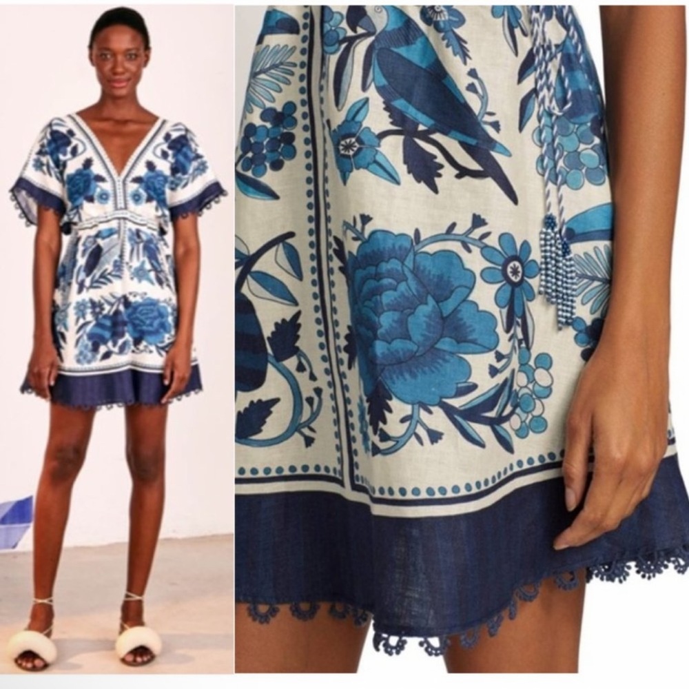 FARM RIO Tropical Tiles Blue/White Mini Dress Size Large